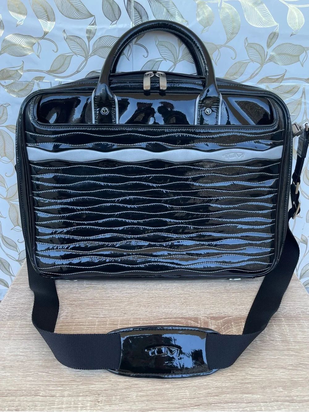 Tumi Black Patent Leather Laptop Briefcase Bag Wave Quilted Retro Whimsigoth Y2K